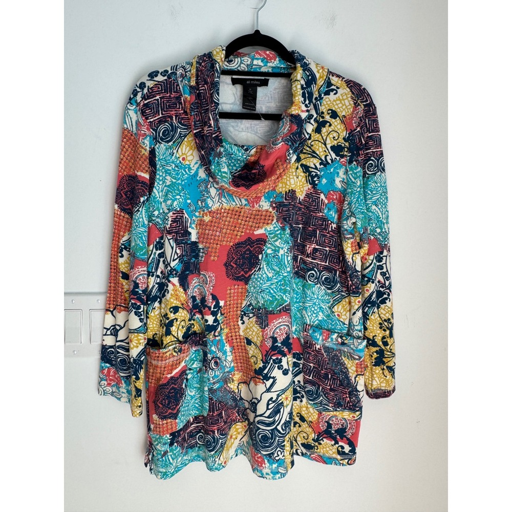 Ali Miles Womens Cowl Neck Tunic Top Medium Abstract Patchwork Print Pockets